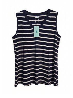 NWT | WIHOLL Navy Blue White Striped Pleated Shoulder V-Neck Sleeveless Tank Top